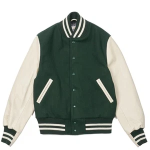 GOLDEN BEAR V80 THE ALBANY Giacca Varsity Melton Lana Pietra Pelle Foresta S-M - Foto 1 di 15