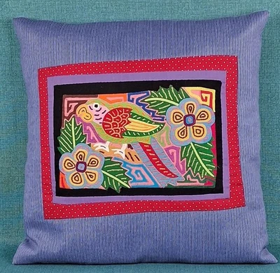 17" X 17" Authentic Hand Stitched Art Throw Pillow ~ Parrot & Flowers Pakistan  - Image 1 of 4