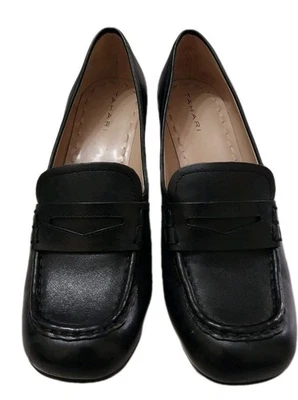 Zapatos de salón Tahari Leslie de cuero negro para mujer talla 8,5 bloques tacón mocasín Penny Foto 1 de 4