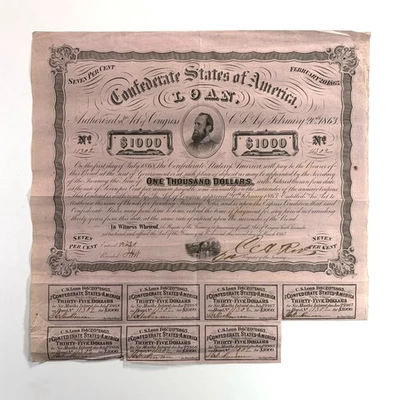 1863 $1000 The Confederate States of America "Stonewall" War Bond w/ 7 Coupons - Image 1 of 4