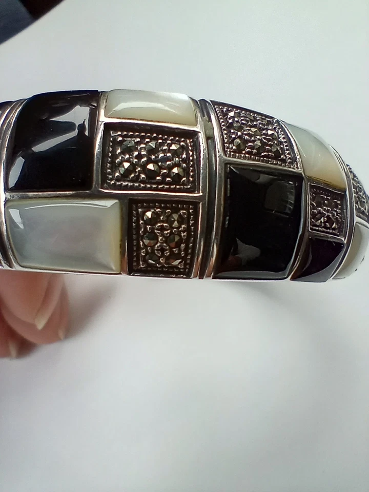 Hermoso Brazalete Abolone de Ónix Negro y Marcosite Plata de Ley 925 7-8 Pulgadas Foto 1 de 4