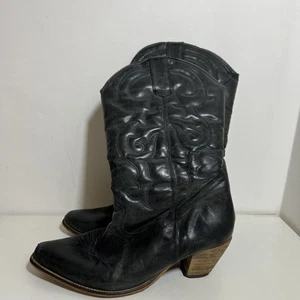 Vintage Women Black Real Leather Boot Cowboy Western Mid Calf Boot 10 Heel - Picture 1 of 9