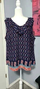 Terra & Sky Blurle Top Eith Red Flowers Size XL Red White & Blue Ruffles Collar - Picture 1 of 7