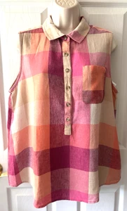 Time & Tru Women's Blouse Sleeveless Size L 12 - 14 Button-up Plaid Pocket Top - Picture 1 of 7