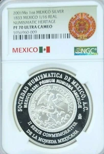 2001 MEXICO SILVER 1833 1/16 REAL NGC PF 70 ULTRA CAMEO EXTREMELY RARE PERFECT - Picture 1 of 6