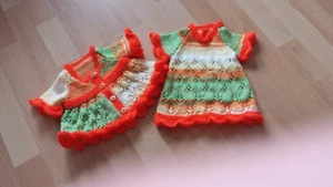 hand knit new born/reborn doll/baby shower present dress/cardi orange/green dres - Picture 1 of 5