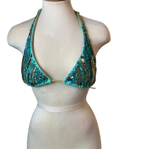 Victoria's Secret Sequin Turquoise Gold Bikini Triangle Top Womens Medium Flaw - Picture 1 of 9
