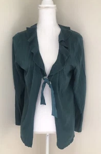 J. Jill Teal Silk Cashmere Long Sleeve Ruffle Tie Neck Cardigan Size M NWT - Picture 1 of 7