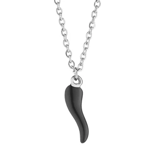 Collana Acciaio con Cornetto Nero argento corno Portafortuna no rosso Uomo Donna - Foto 1 di 13