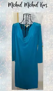 Michael Kors Silky Knit Dress, Turquoise With Gold Chain Details, Cowl Neck, Med - Picture 1 of 7
