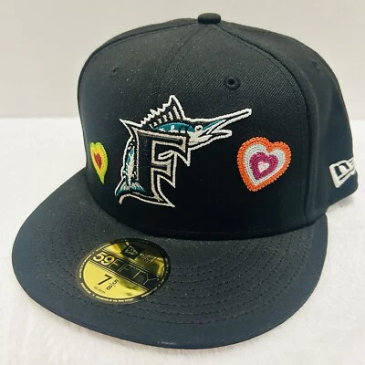 Бейсболка New Era Florida Marlins Miami с вышивкой цепочкой в виде сердца 59FIF черная 7 7/8 - Изображение 1 из 4