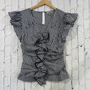 Chelsea28 Blue & White Gingham Ruched Ruffle Top Size Med - Picture 1 of 12