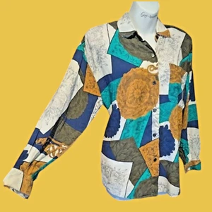 GIORGIO SANT'ANGELO Años 80 De Colección Mujer L Camisa Manga Ancha Parche Estampado Blusa Top 6H - Imagen 1 de 12