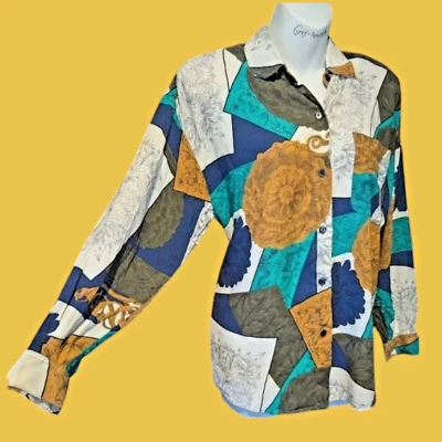 GIORGIO SANT'ANGELO 80-х винтажный женщин L широкий рукав рубашка нашивка печать блузка верхний 6H - Изображение 1 из 4