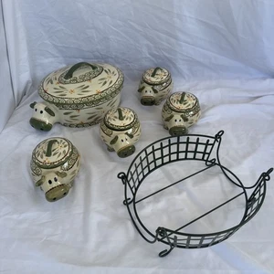 Temptations Tara Old World Green Cow Soup Tureen/ Bowl with 4 Mini Cow Bakers - Picture 1 of 20