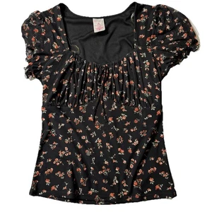Malla Negra, Ditsy Floral Lechera BabyDoll Mangas Abullonadas, Top Borde Lechuga M Nuevo con Etiquetas - Imagen 1 de 7