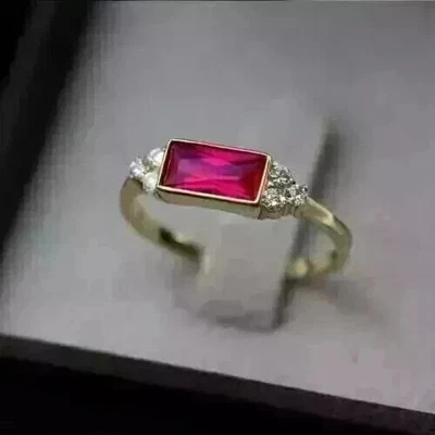 Lab-Created Red Ruby 2.00Ct Emerald Cut Solitaire Women Ring Yellow Gold Plated - Image 1 of 4