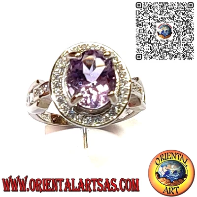 Anello in Argento 925‰ con Ametista Naturale Ovale Incastonata a 4 Griffe e Cont - Immagine 1 di 4