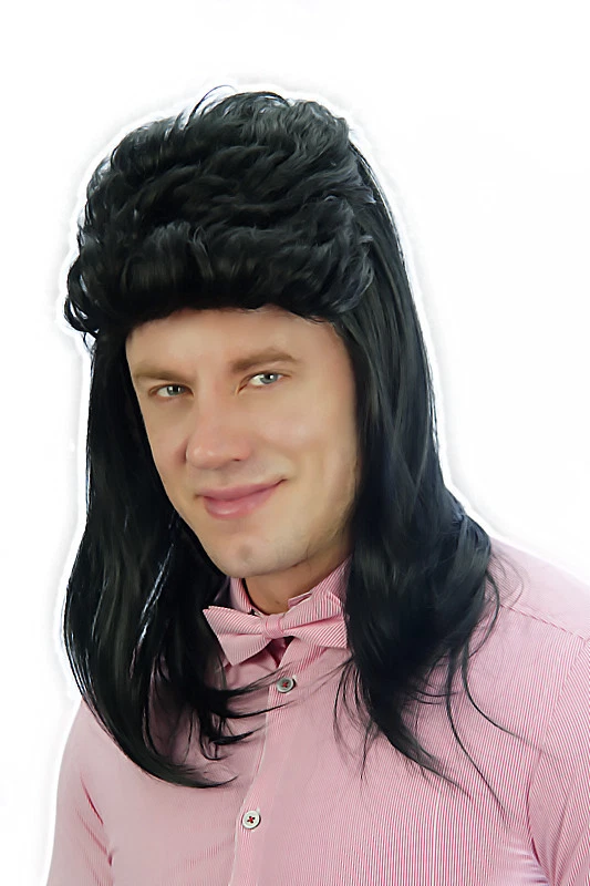 Halloween 80's Black MULLET JASON WIG FANCY DRESS Pop Star HILL BILLY Costume
