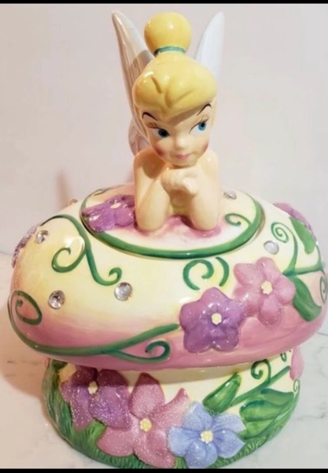 RARO VINTAGE DISNEY TINKERBELL em POTE DE BISCOITO DE COGUMELO MÁGICO APOSENTADO EM PERFEITO ESTADO-NOVO - Imagem 1 de 1