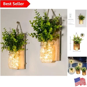Rustic Mason Jar Sconces with LED Fairy Lights & Green Fake Plants - Set of 2 - Picture 1 of 8