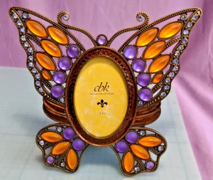 CBK Enameled Photo Frame BUTTERFLY Brass Tone  Rhinestones 5.5'' x 6'' - Picture 1 of 8