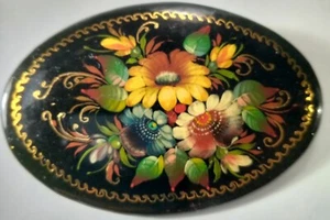 Broche ramo vintage ruso pintado a mano floral firmado ovalado 2 1/2"  - Imagen 1 de 8