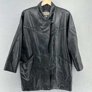 90s Baker Fitz Wright Leather Coat Jacket Black Embroidered Womens L VTG Baggy - Picture 1 of 11