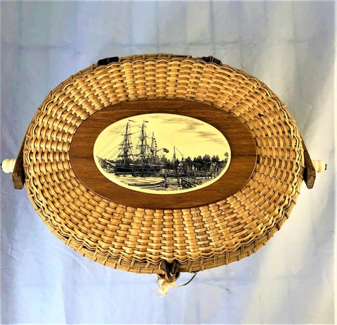 Vintage Wicker Handbags Purse With Scrimshaw Sailboat Attached BRALOW Cover