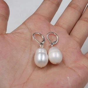 Natural 12-14 mm White Unusual Drop Dangle Baroque Pearl Earring 18KGP - Picture 1 of 8