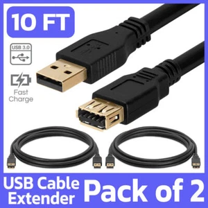 2x Premium Quality Black 10 Ft Super Speed USB 3.0 A M/F Extension Cable - Picture 1 of 3