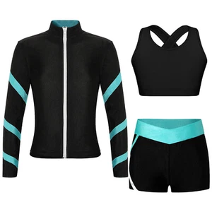 Kids Girls Tracksuit 3Pcs Outfit Stripe Set Shiny Suit Workout Sets Soft Cross - Picture 1 of 57