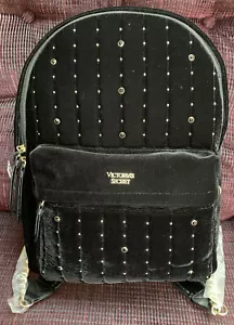 VICTORIA SECRET BACKPACK BLACK VELOUR GOLD ACCENT CHAIN/STUDS 15” SUPER CUTE!! - Picture 1 of 4