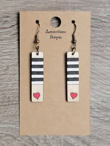 Hand Painted Laser Cut Wood Earrings Black & White Striped Bar with Red Heart - Picture 1 of 1
