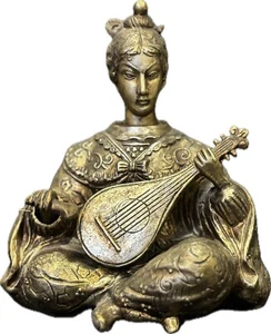 Vtg Nodder Bobblehead Gold Tone Asian lady Strumming Musical Mandolin Japan 8” - Picture 1 of 23