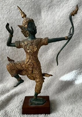 Vintage Bronze & Gold Plated / Green Thai Figurine of Prince Rama w/ Bow Tall - Image 1 of 4