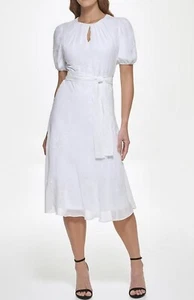 DKNY Short Puff Sleeve Crew Keyhole Neck A-Line Midi Dress Off White Sz 16 NEW - Picture 1 of 14