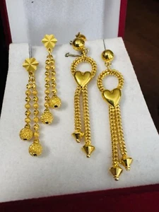 22K 916 Solid FineGold Women’s 2 Set Heart & Dangle Ball Beads Earrings 8.6g - Picture 1 of 21