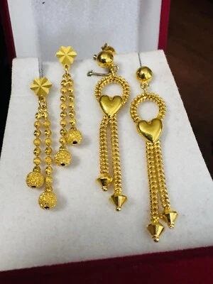 Juego de 2 aretes de oro fino macizo 22K 916 para mujer con corazón y cuentas colgantes de bola 8,6 g Foto 1 de 4