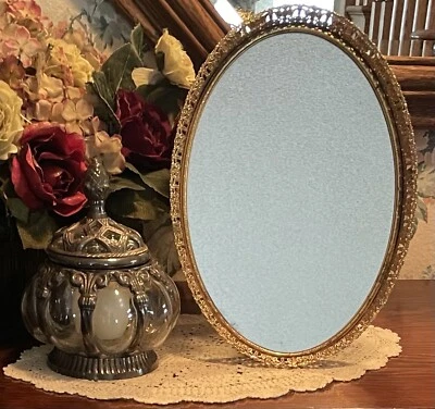 Vintage Gold Filigree Vanity Mirror &/Or Tray; Ornate Brass; Velvet Back W/Easel - Image 1 of 4