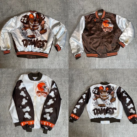 2 VINTAGE CHALK LINE NFL CLEVELAND BROWNS DAWGS SATIN BOMBER JACKETS SIZE XL VTG Cover