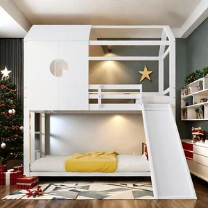 Hochbett Etagenbett Kinderbett 90x200 cm Doppelstockbett Spielbett mit Rutsche - Bild 1 von 11