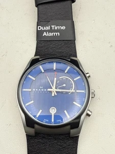 Skagen 853XLSLN Black Leather Strap Blue Dial Date Alarm Dual Time Watch $195 D6 - Picture 1 of 17