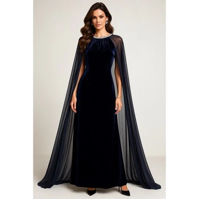 R&M Richards Cape Gown Womens 16 Blue 60s 70s Crushed Velvet Rhinestone Kaftan - Image 1 of 4