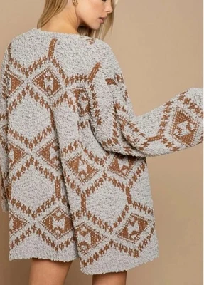 POL 服装女式开襟开衫爆米花灰色橙色 S 码阿兹特克 — 第 1/4 张图片