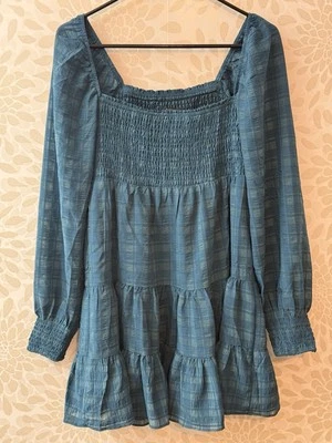 Urban Outfitters UO Women’s M Teal Blue Check Plaid Boho Smocked Babydoll Dress - Image 1 of 4
