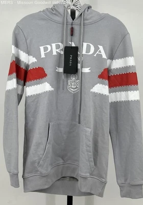 Prada Men's Grey Stripe Logo Hoodie Comfortable Casual Outerwear Size M - Image 1 of 4