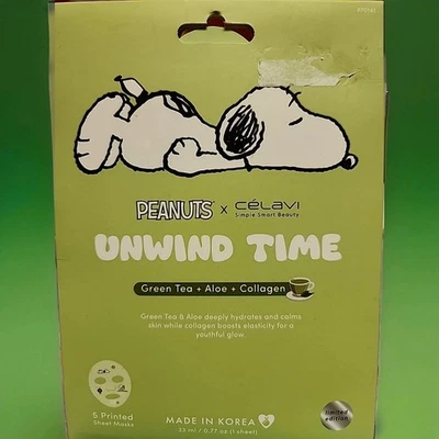 Mascarillas faciales Peanuts Snoopy Unwind Time té verde y aloe + cológeno Foto 1 de 4