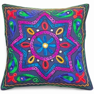 Handgefertigter indischer Kissenbezug Sternen-Design | besticktes Boho-Kissen 16 Zoll x 16 Zoll - Bild 1 von 5