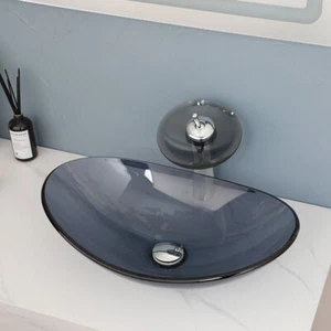Oval Bathroom Vessel Sink Tempered Glass Washing Bowl Dekc Mounted Tap Set Drain - Picture 1 of 7